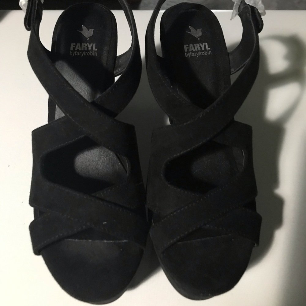 Black suede strappy wedge by Faryl